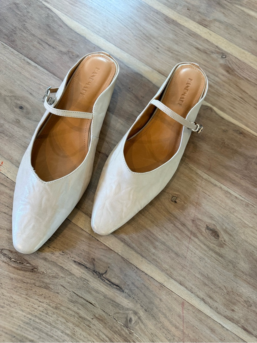 Handmade Cream Pointed Mary Jane Flats with Adjustable Strap